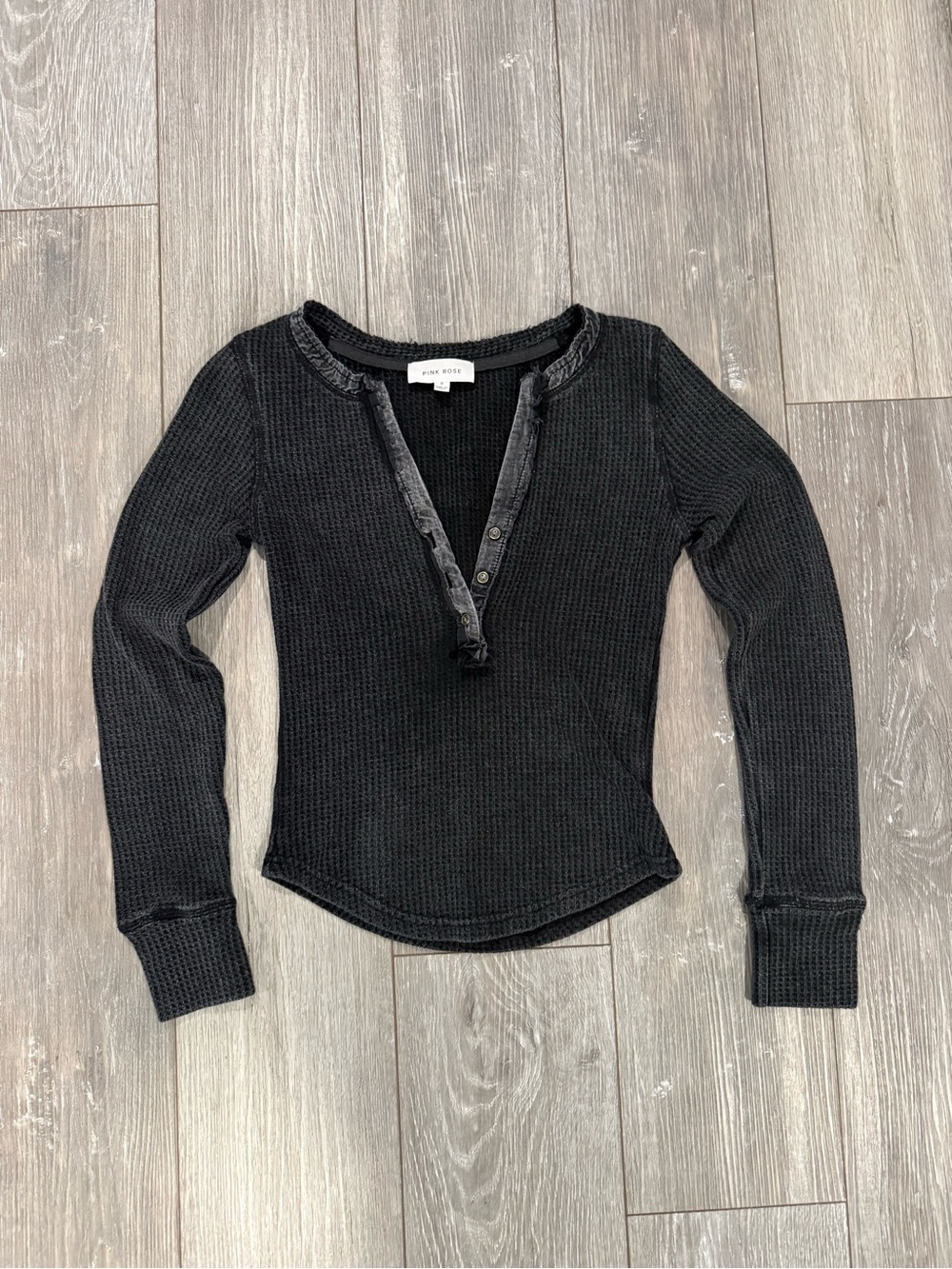 Pink Rose Black Waffle Henley Long Sleeve Top Size Small